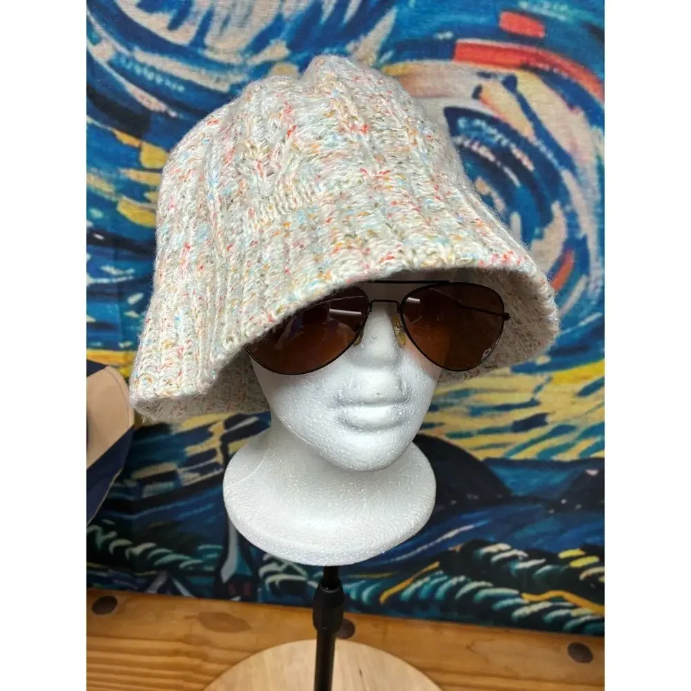 Lands End Knit Bucket Hat L XL Confetti Fleck Fleece Lined Winter Cloche